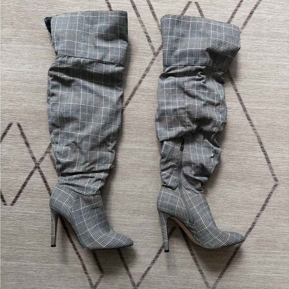 Renvy Gray Plaid Over-the-Knee Boots